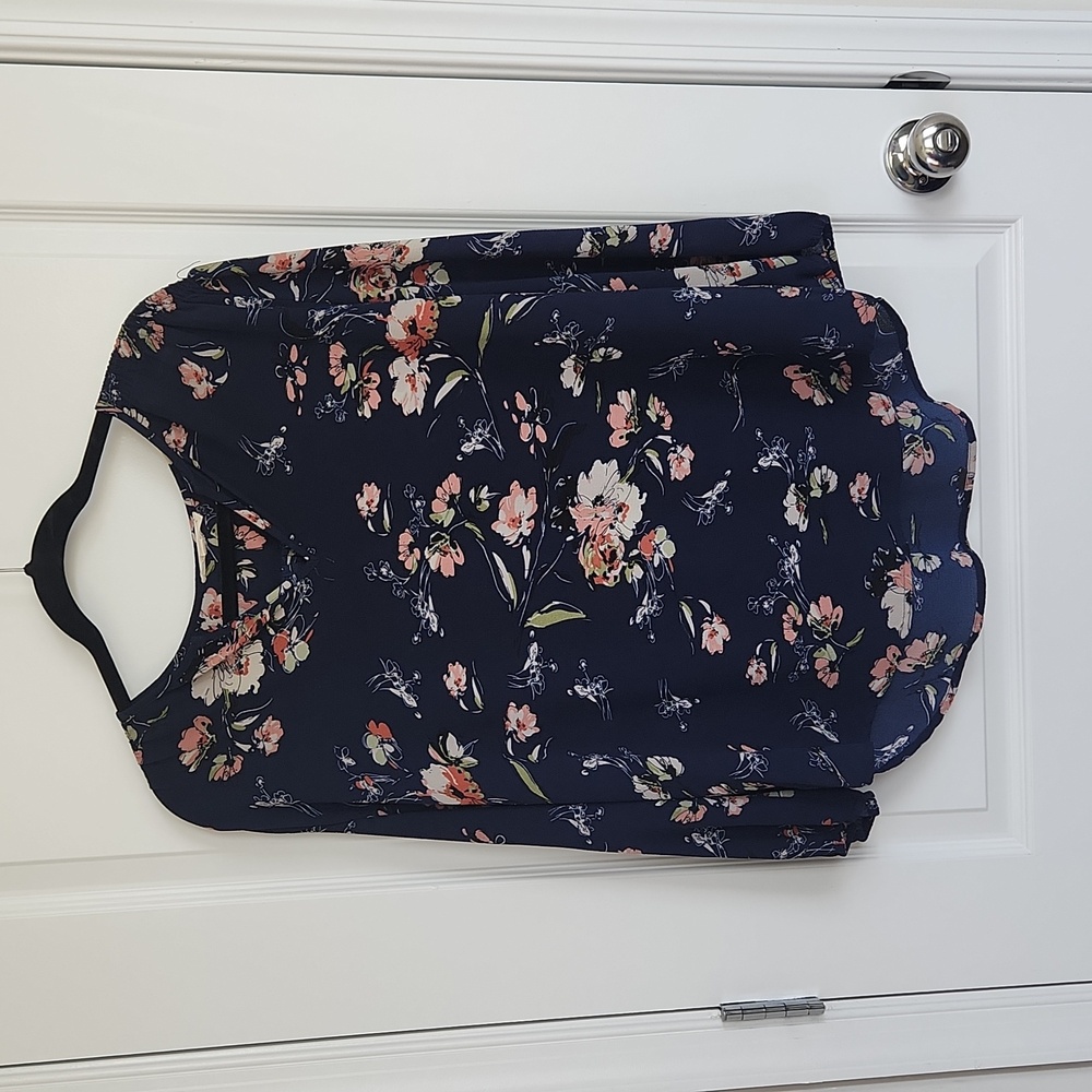 Navy Flowered Blouse with elastic sleeve ends - Fun 2 Fun